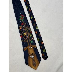 Hallmark Yule Tie Greetings Reindeer Christmas Tree Navy Blue Silk Blend Necktie